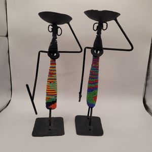 Metal Beaded African Votive Candle Holder Set of Two